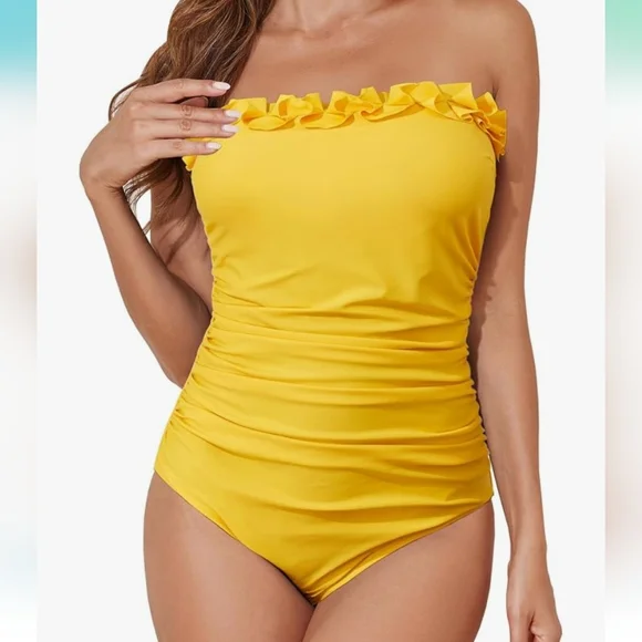 Yellow Ruffle Removeable Strap Swimsuit - Picture 2 of 6